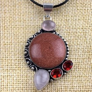 New Sandstone w Rose Quartz Crystal & Sim Garnet Silver Overlay Pendant w Cord